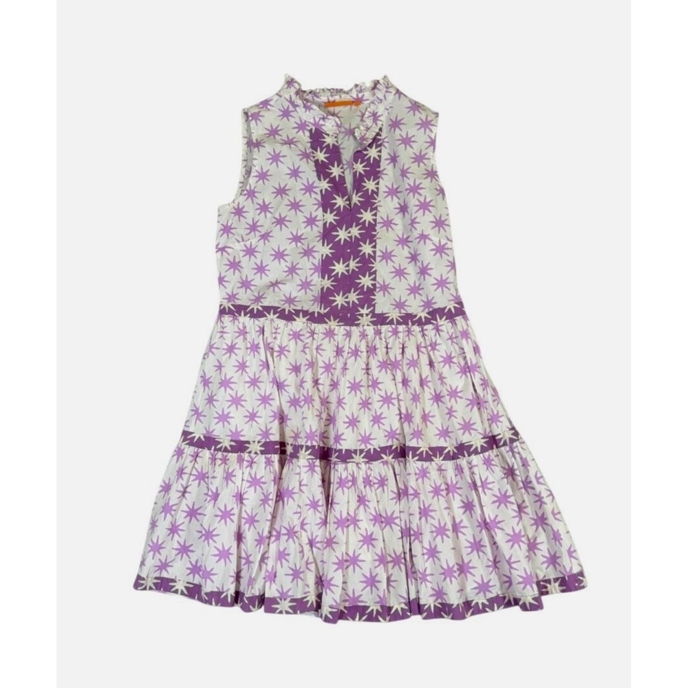 Oliphant Purple White Starburst Block Print Tiered Mini Dress Sleeveless Small